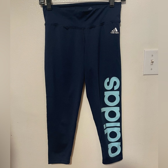 Adidas Pants Womens Medium Blue Capri Tights Spell Out Training WorkOut Athletic - Picture 1 of 3